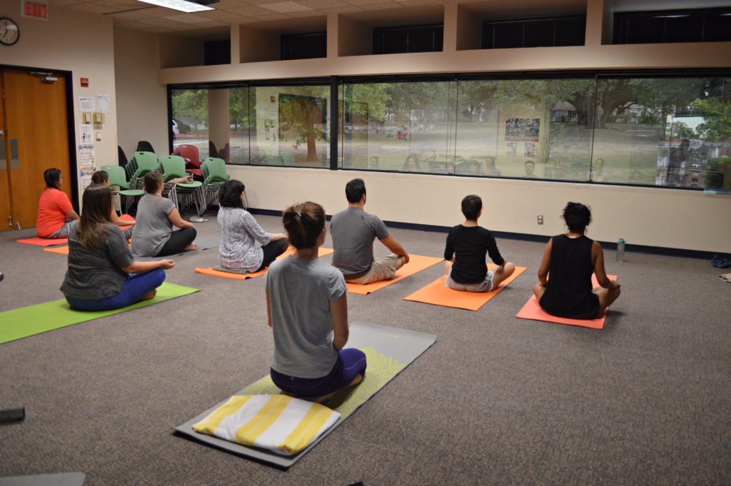 Contact with quiet: Students in a yoga class as seen from the back of the room